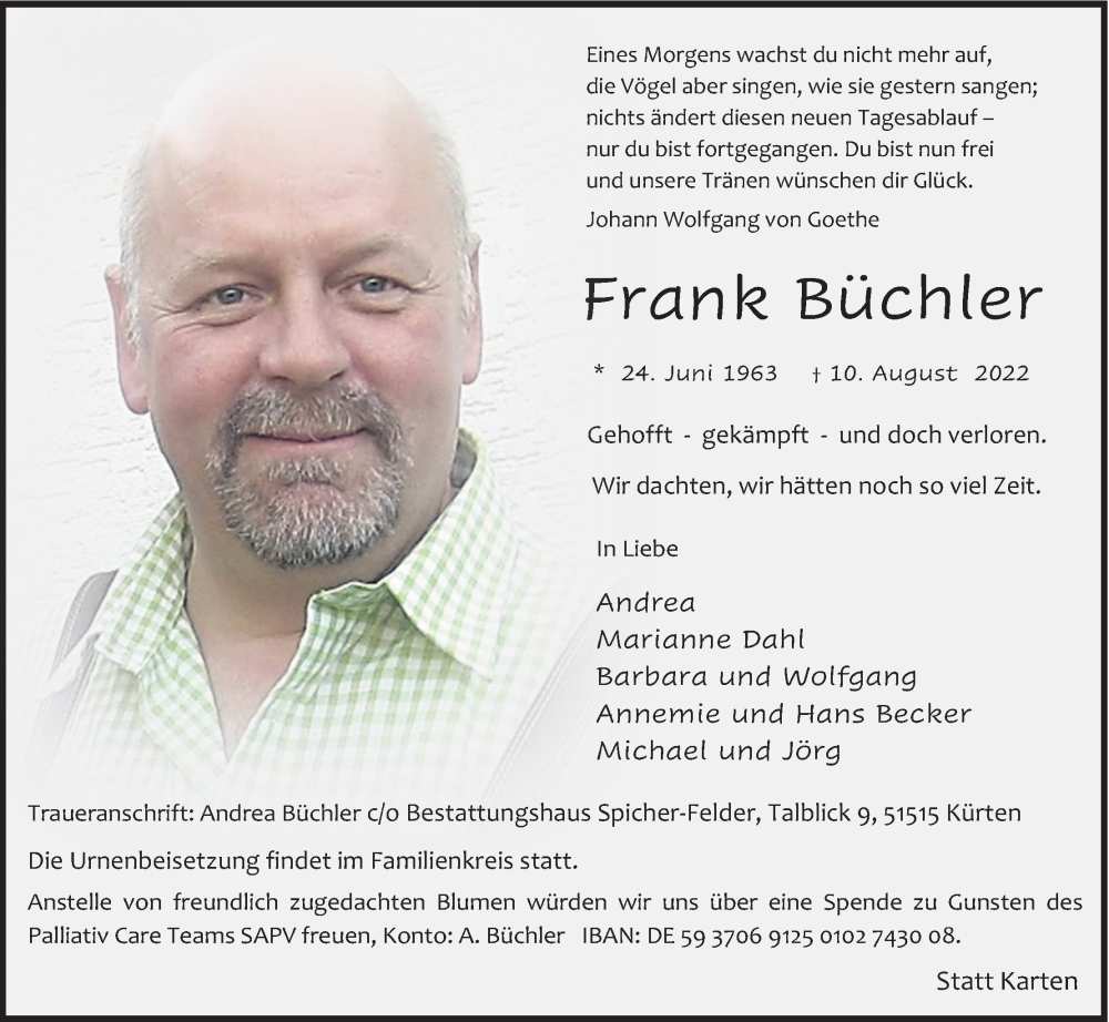  Traueranzeige für Frank Büchler vom 20.08.2022 aus Kölner Stadt-Anzeiger / Kölnische Rundschau / Express