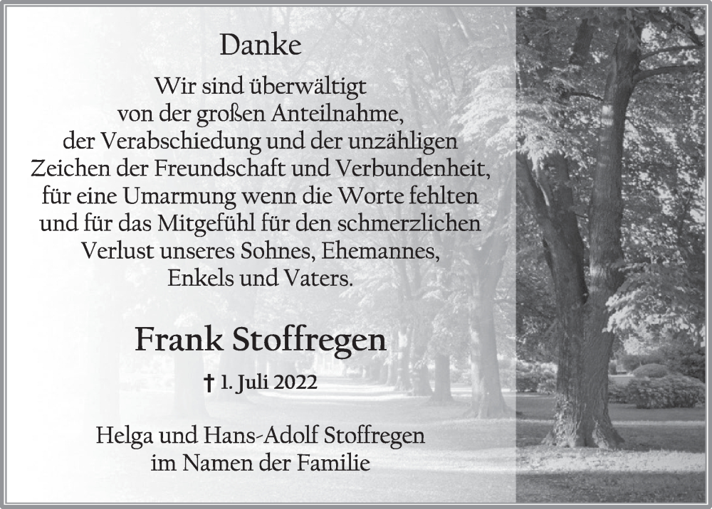  Traueranzeige für Frank Stoffregen vom 26.08.2022 aus  Werbepost 