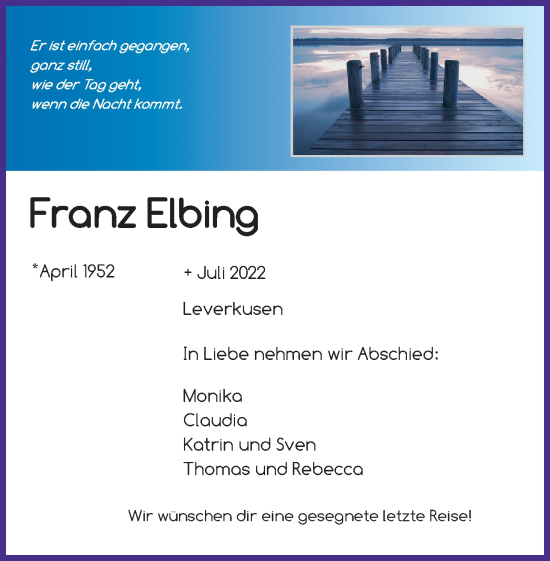 Anzeige von Franz Elbing von Kölner Stadt-Anzeiger / Kölnische Rundschau / Express