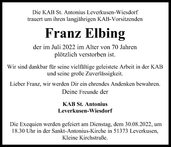 Anzeige von Franz Elbing von Kölner Stadt-Anzeiger / Kölnische Rundschau / Express