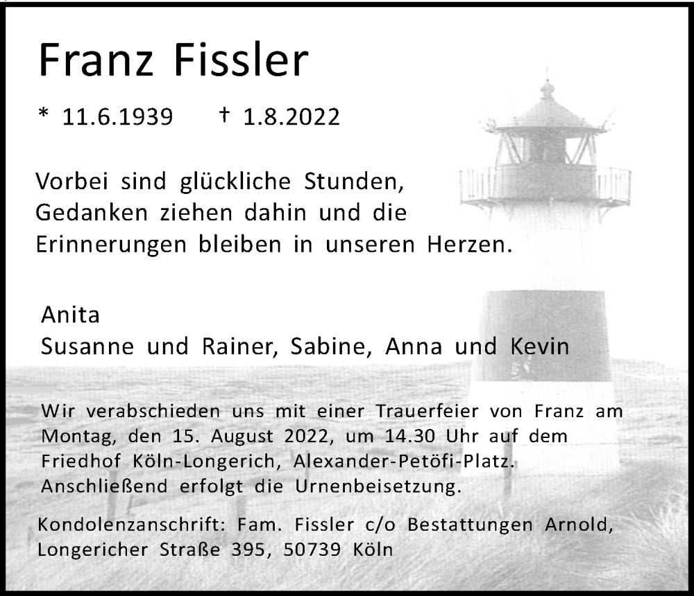  Traueranzeige für Franz Fissler vom 13.08.2022 aus Kölner Stadt-Anzeiger / Kölnische Rundschau / Express