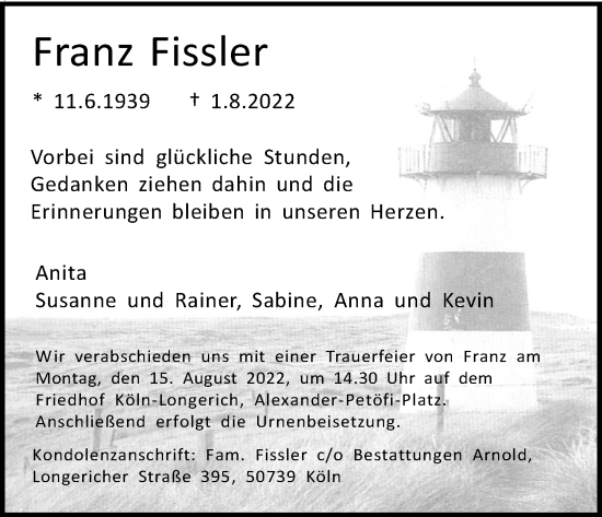 Anzeige von Franz Fissler von Kölner Stadt-Anzeiger / Kölnische Rundschau / Express
