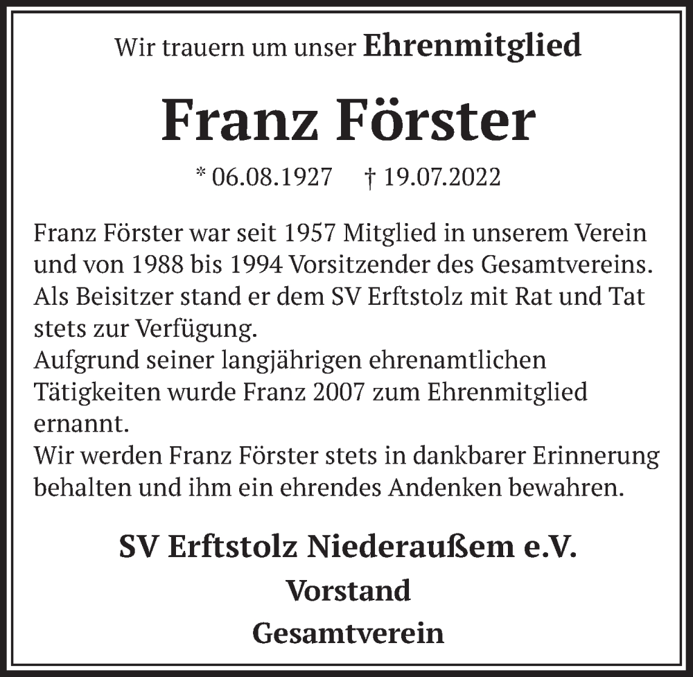  Traueranzeige für Franz Förster vom 05.08.2022 aus  Werbepost 