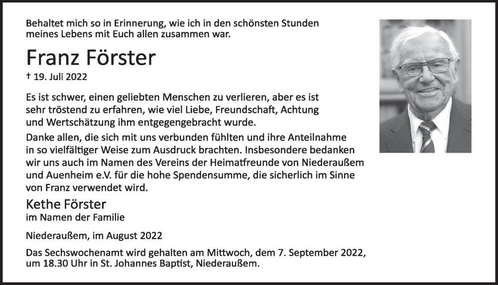  Traueranzeige für Franz Förster vom 26.08.2022 aus  Werbepost 