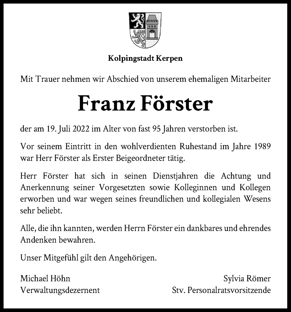  Traueranzeige für Franz Förster vom 06.08.2022 aus Kölner Stadt-Anzeiger / Kölnische Rundschau / Express