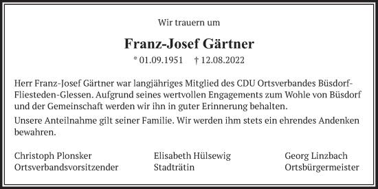 Traueranzeigen von FranzJosef Gärtner WirTrauern