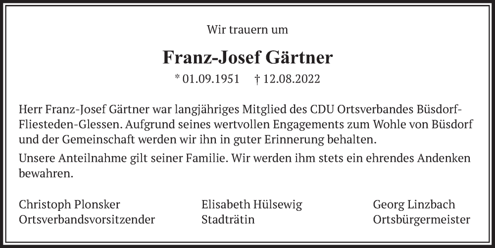 Traueranzeigen von FranzJosef Gärtner WirTrauern