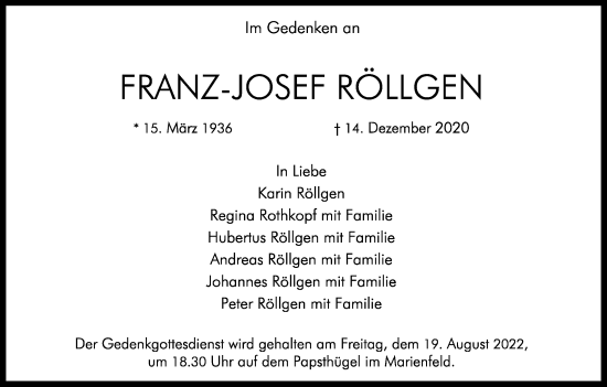 Anzeige von Franz-Josef Röllgen von Kölner Stadt-Anzeiger / Kölnische Rundschau / Express