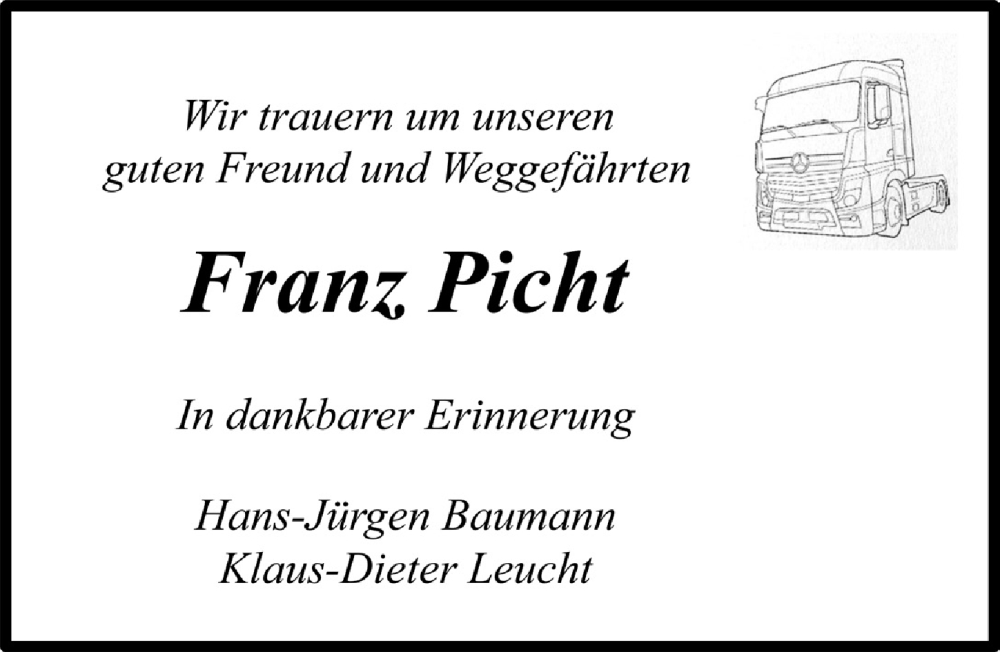  Traueranzeige für Franz Picht vom 19.08.2022 aus  Anzeigen Echo 