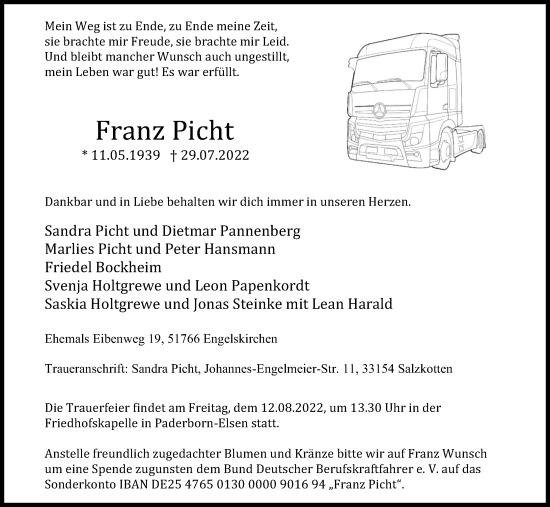 Anzeige von Franz Picht von Kölner Stadt-Anzeiger / Kölnische Rundschau / Express