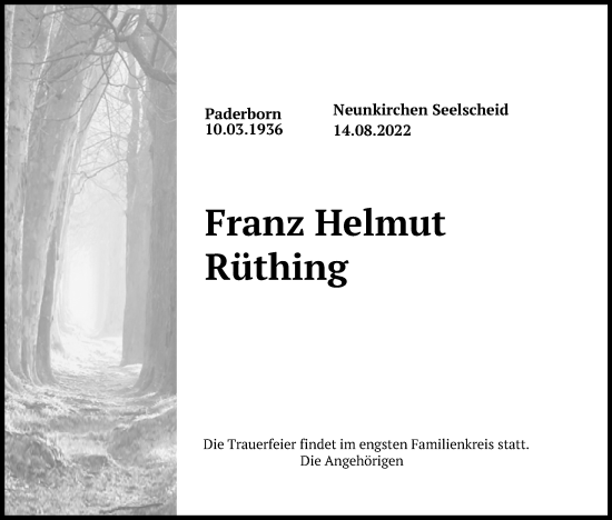 Anzeige von Franz Helmut Rüthing von Kölner Stadt-Anzeiger / Kölnische Rundschau / Express