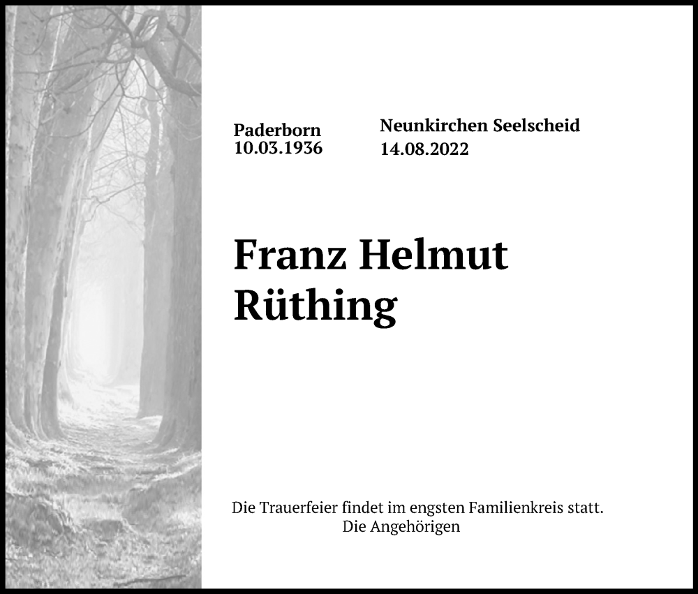  Traueranzeige für Franz Helmut Rüthing vom 27.08.2022 aus Kölner Stadt-Anzeiger / Kölnische Rundschau / Express