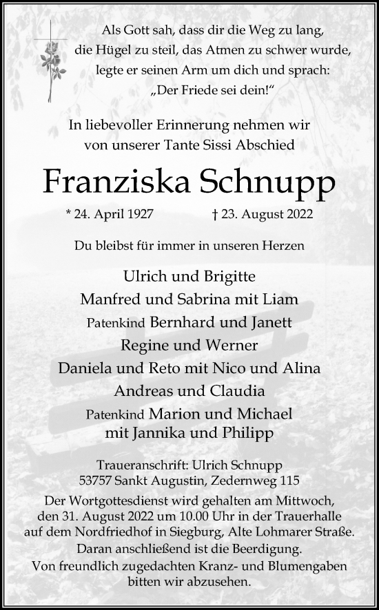 Anzeige von Franziska Schnupp von Kölner Stadt-Anzeiger / Kölnische Rundschau / Express
