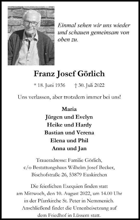 Anzeige von Franz Josef Görlich von  Blickpunkt Euskirchen 