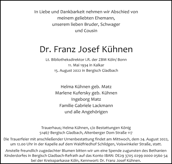 Anzeige von Franz Josef Kühnen von Kölner Stadt-Anzeiger / Kölnische Rundschau / Express