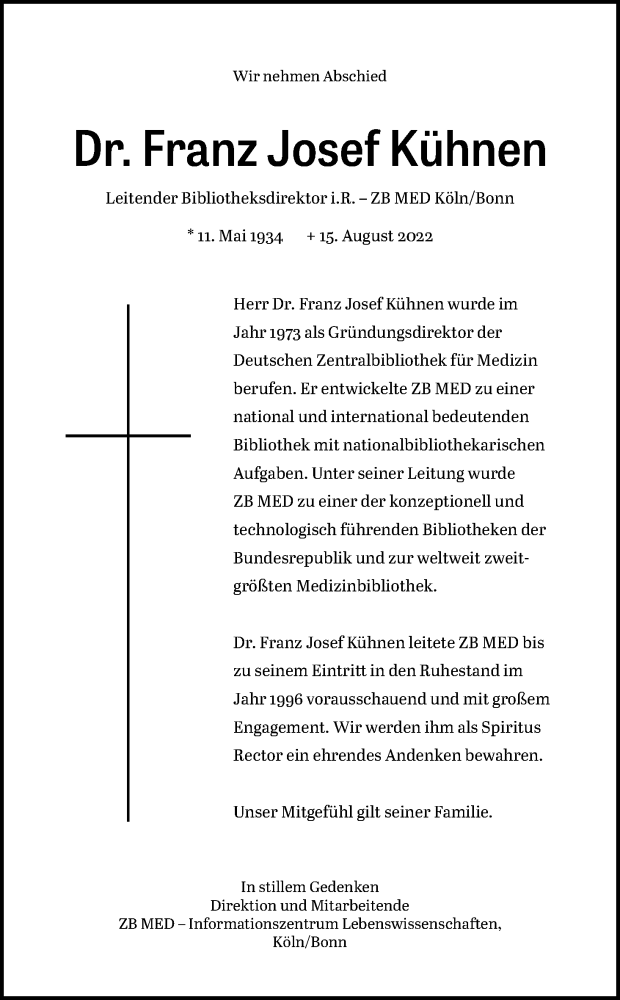  Traueranzeige für Franz Josef Kühnen vom 20.08.2022 aus Kölner Stadt-Anzeiger / Kölnische Rundschau / Express