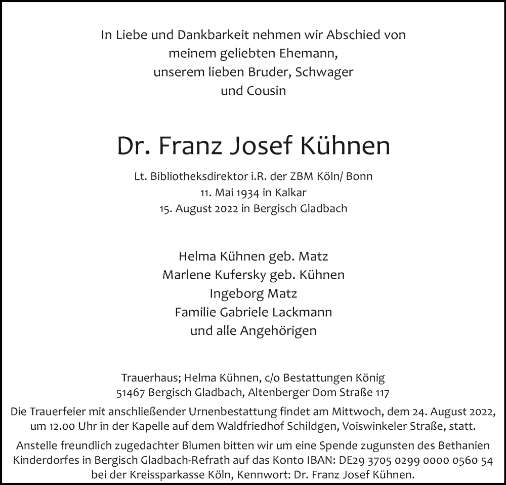 Traueranzeige für Franz Josef Kühnen vom 20.08.2022 aus Kölner Stadt-Anzeiger / Kölnische Rundschau / Express