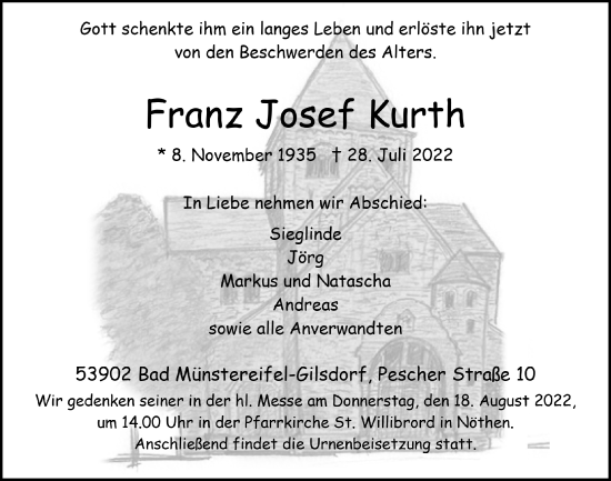Anzeige von Franz Josef Kurth von  Blickpunkt Euskirchen 