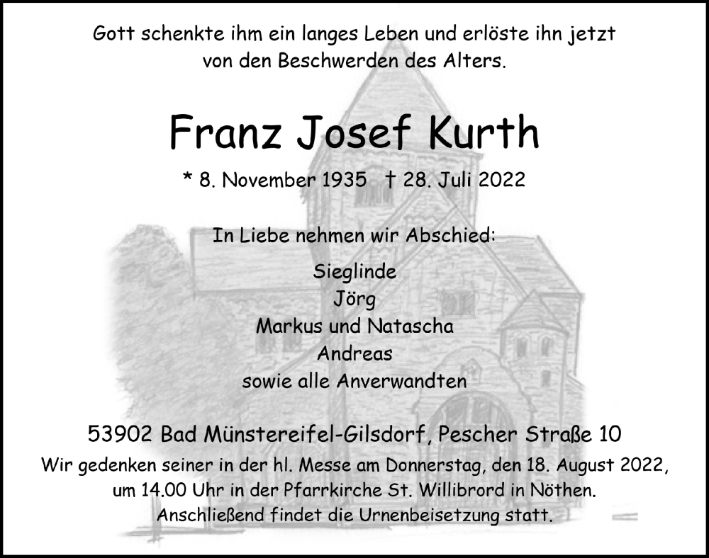  Traueranzeige für Franz Josef Kurth vom 06.08.2022 aus  Blickpunkt Euskirchen 
