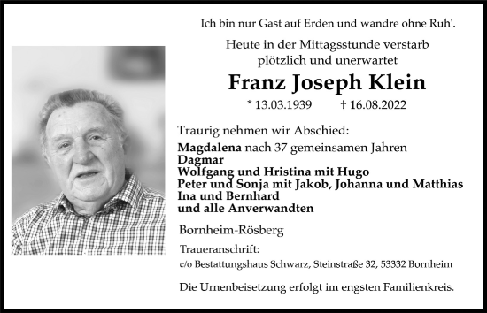 Anzeige von Franz Joseph Klein von  Schaufenster/Blickpunkt 