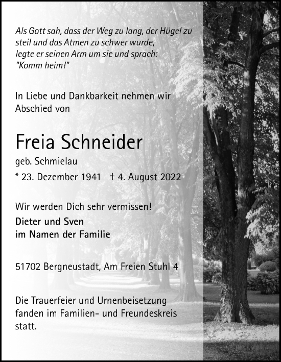 Anzeige von Freia Schneider von Kölner Stadt-Anzeiger / Kölnische Rundschau / Express