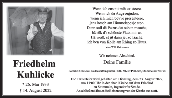 Anzeige von Friedhelm Kuhlicke von  Wochenende 