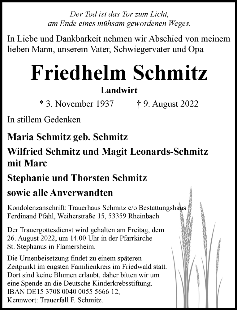  Traueranzeige für Friedhelm Schmitz vom 19.08.2022 aus  Schaufenster/Blickpunkt 