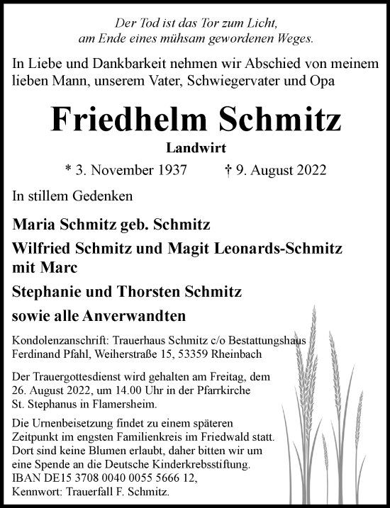 Anzeige von Friedhelm Schmitz von  Schaufenster/Blickpunkt 
