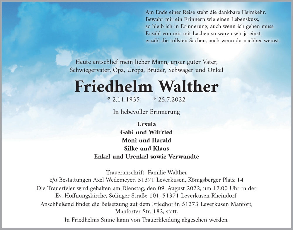  Traueranzeige für Friedhelm Walther vom 05.08.2022 aus  Lokale Informationen 