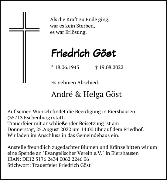 Anzeige von Friedrich Göst von Kölner Stadt-Anzeiger / Kölnische Rundschau / Express