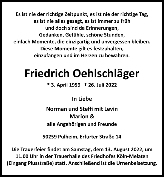 Anzeige von Friedrich Oehlschläger von Kölner Stadt-Anzeiger / Kölnische Rundschau / Express