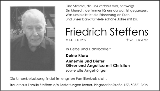 Anzeige von Friedrich Steffens von  Schlossbote/Werbekurier 