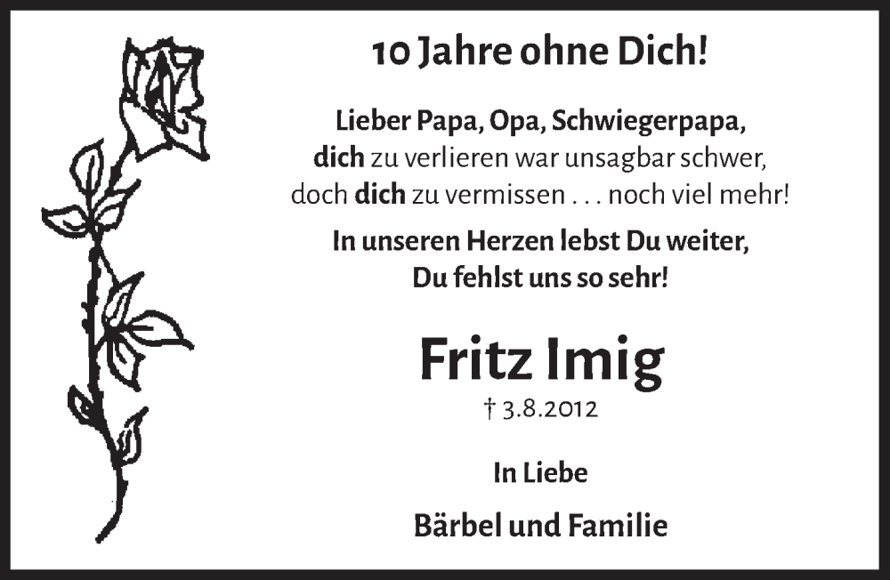  Traueranzeige für Fritz Imig vom 05.08.2022 aus  Schlossbote/Werbekurier 
