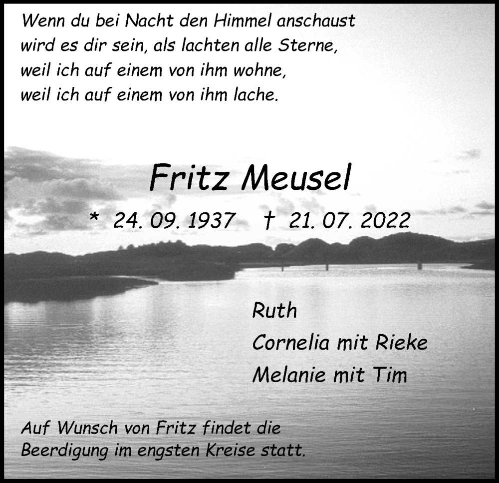  Traueranzeige für Fritz Meusel vom 06.08.2022 aus Kölner Stadt-Anzeiger / Kölnische Rundschau / Express