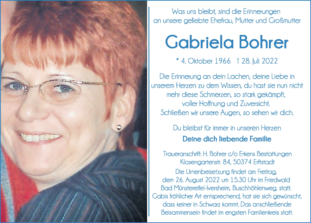  Traueranzeige für Gabriela Bohrer vom 19.08.2022 aus  Werbepost 