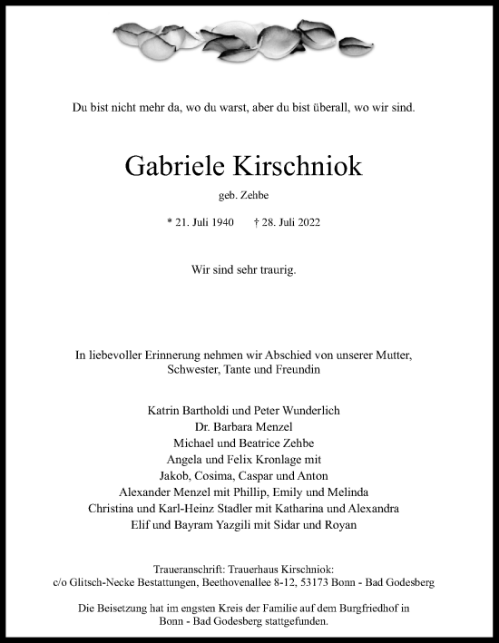 Anzeige von Gabriele Kirschniok von Kölner Stadt-Anzeiger / Kölnische Rundschau / Express
