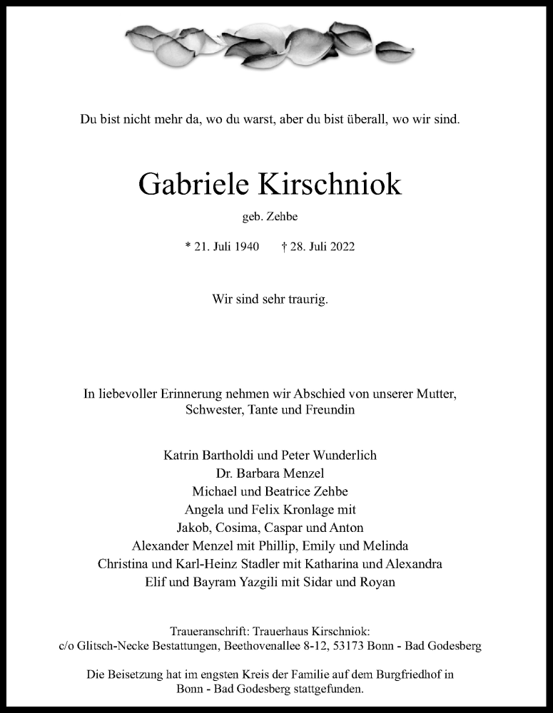  Traueranzeige für Gabriele Kirschniok vom 20.08.2022 aus Kölner Stadt-Anzeiger / Kölnische Rundschau / Express