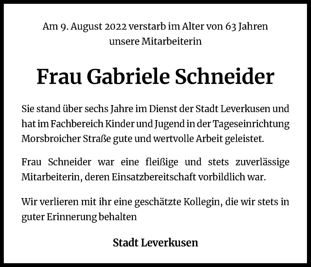  Traueranzeige für Gabriele Schneider vom 01.09.2022 aus Kölner Stadt-Anzeiger / Kölnische Rundschau / Express