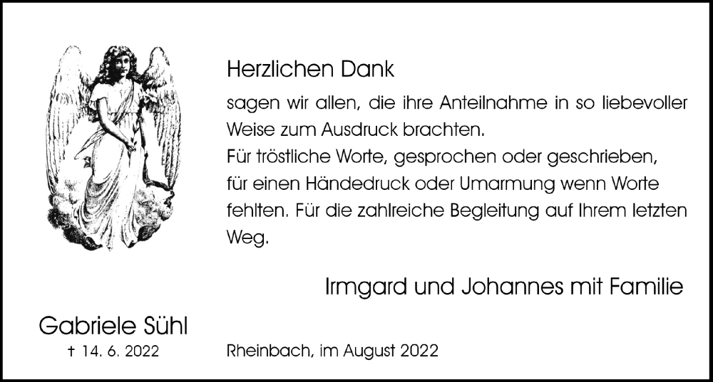  Traueranzeige für Gabriele Sühl vom 05.08.2022 aus  Schaufenster/Blickpunkt 