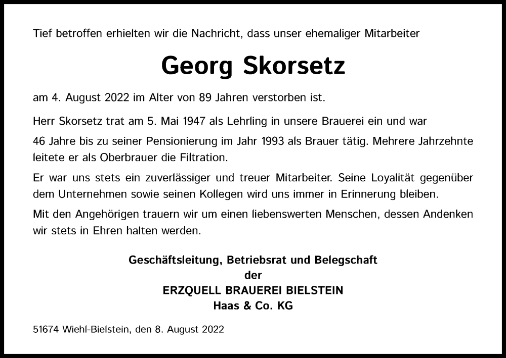  Traueranzeige für Georg Skorsetz vom 10.08.2022 aus Kölner Stadt-Anzeiger / Kölnische Rundschau / Express