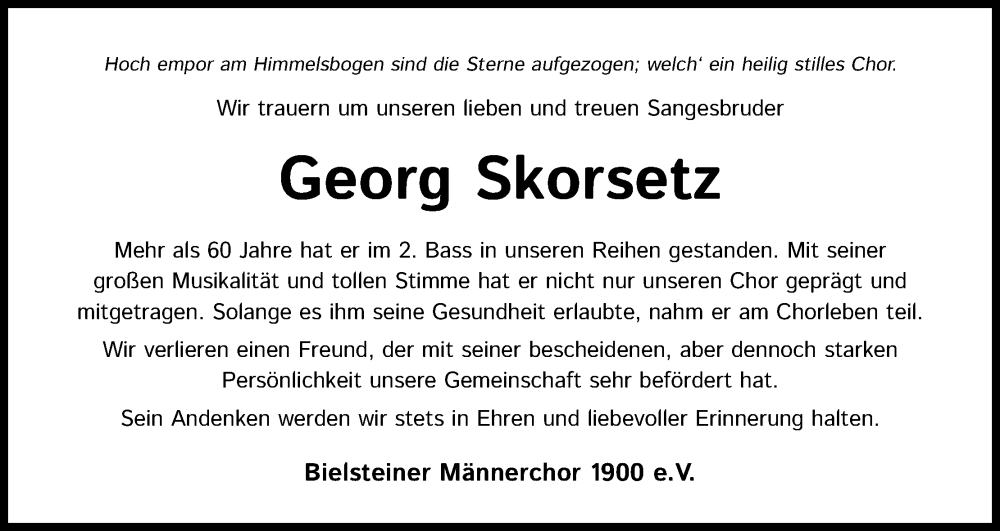  Traueranzeige für Georg Skorsetz vom 10.08.2022 aus Kölner Stadt-Anzeiger / Kölnische Rundschau / Express