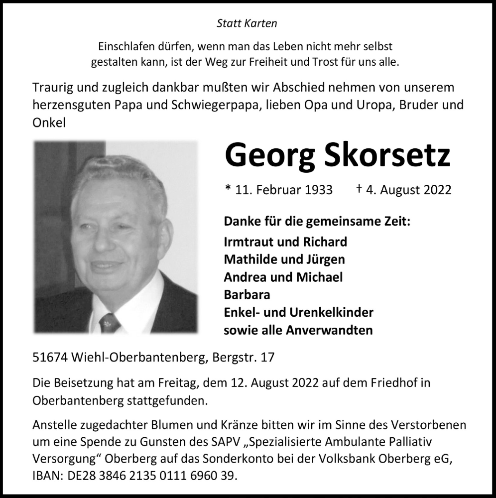  Traueranzeige für Georg Skorsetz vom 12.08.2022 aus  Anzeigen Echo 