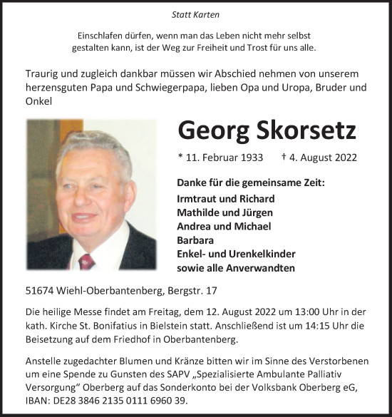 Anzeige von Georg Skorsetz von Kölner Stadt-Anzeiger / Kölnische Rundschau / Express