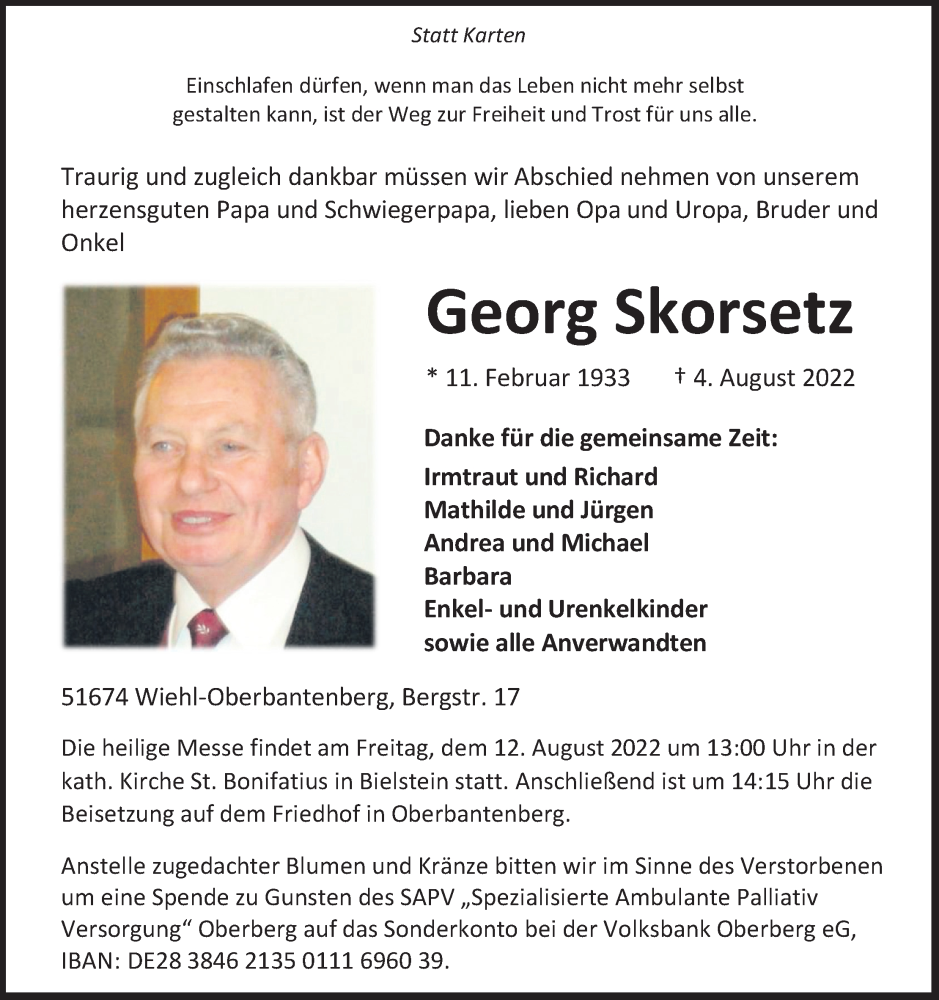  Traueranzeige für Georg Skorsetz vom 06.08.2022 aus Kölner Stadt-Anzeiger / Kölnische Rundschau / Express