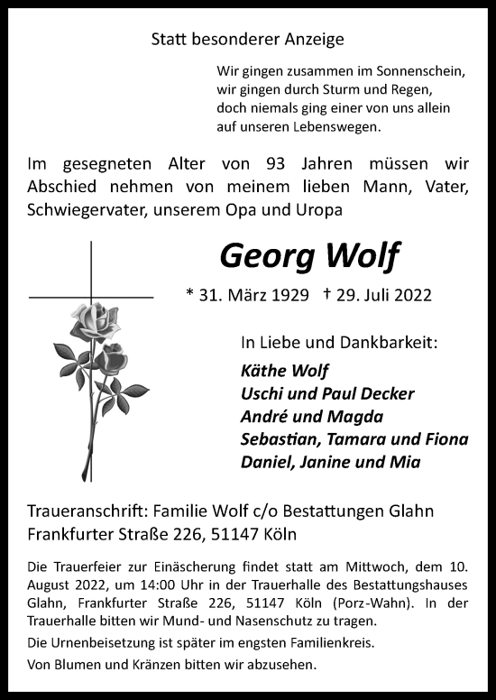 Anzeige von Georg Wolf von  EXPRESS - Die Woche 