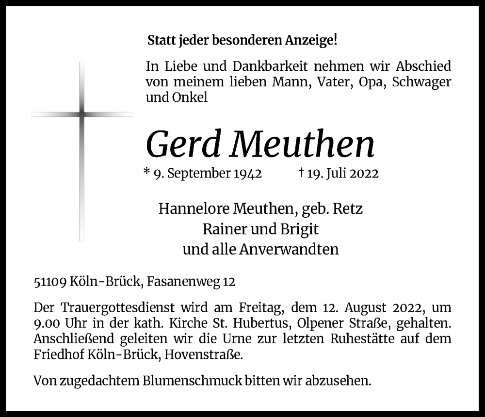  Traueranzeige für Gerd Meuthen vom 06.08.2022 aus Kölner Stadt-Anzeiger / Kölnische Rundschau / Express