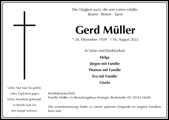 Anzeige von Gerd Müller von Kölner Stadt-Anzeiger / Kölnische Rundschau / Express