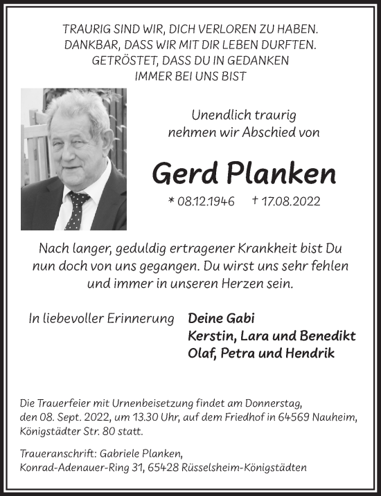 Anzeige von Gerd Planken von  Anzeigen Echo 