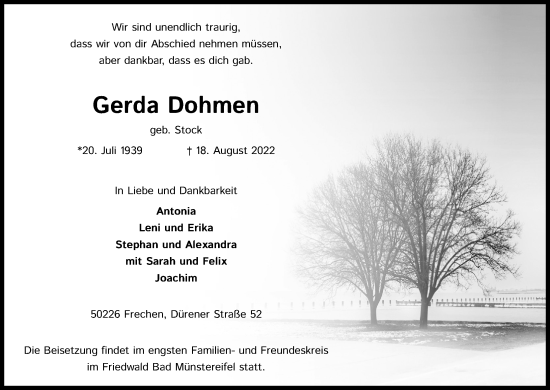 Anzeige von Gerda Dohmen von Kölner Stadt-Anzeiger / Kölnische Rundschau / Express