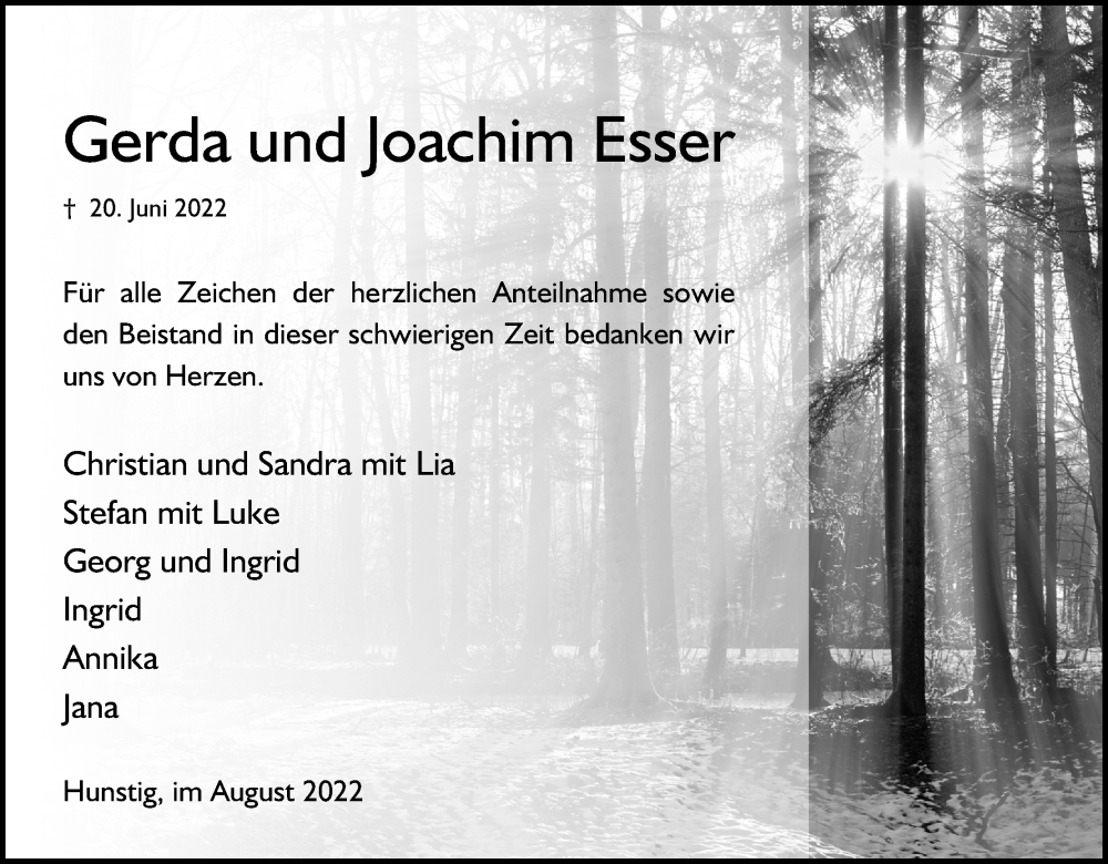  Traueranzeige für Gerda  Esser vom 26.08.2022 aus Kölner Stadt-Anzeiger / Kölnische Rundschau / Express